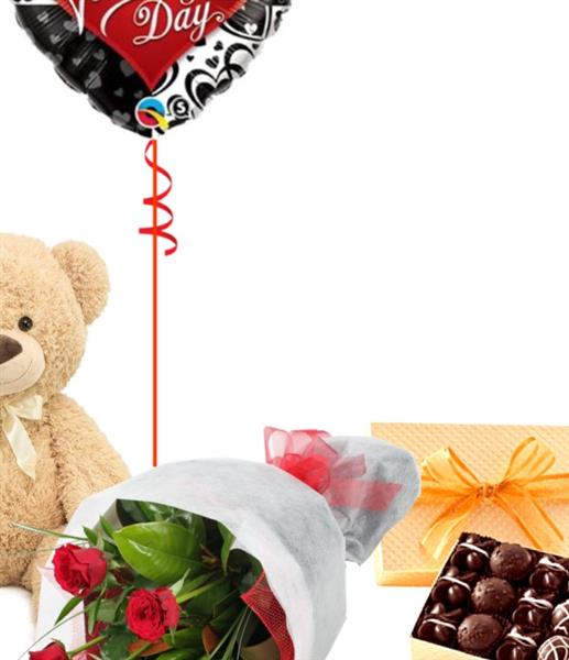 Six Red Rose Gift Set with teddy bear Blooms By Ebere Ealing Florist